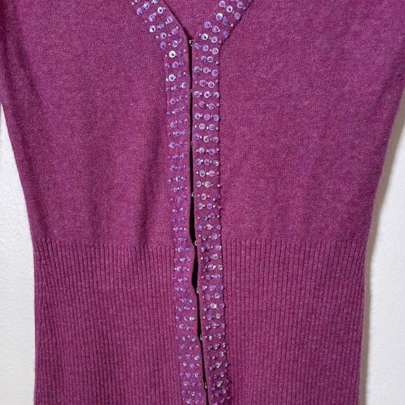 Vintage Y2K Plenty Wool Blend Magenta Deep V Cardigan / Sz L / Fitted Sequined - Picture 7 of 10